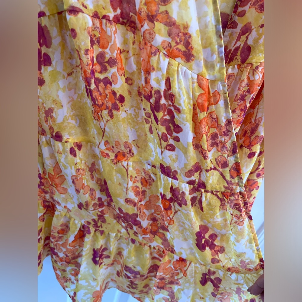 Yellow/orange sheer babydoll flower 3/4 ruffle sleeve open front top 14W/16W - Picture 4 of 9